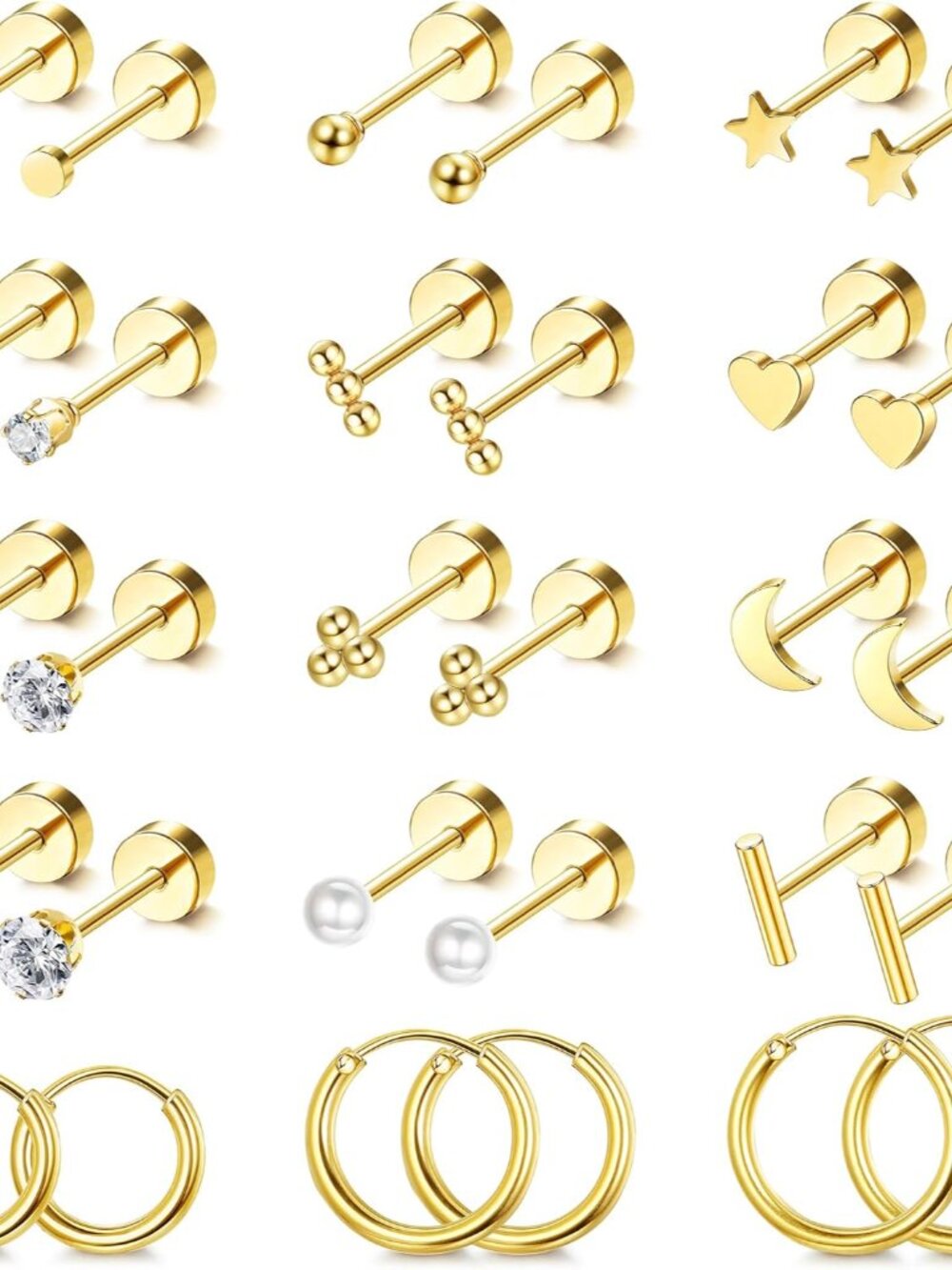 Small Hypoallergenic Flat Back Stud Earrings for Women Men 14K Gold Plated Surgi